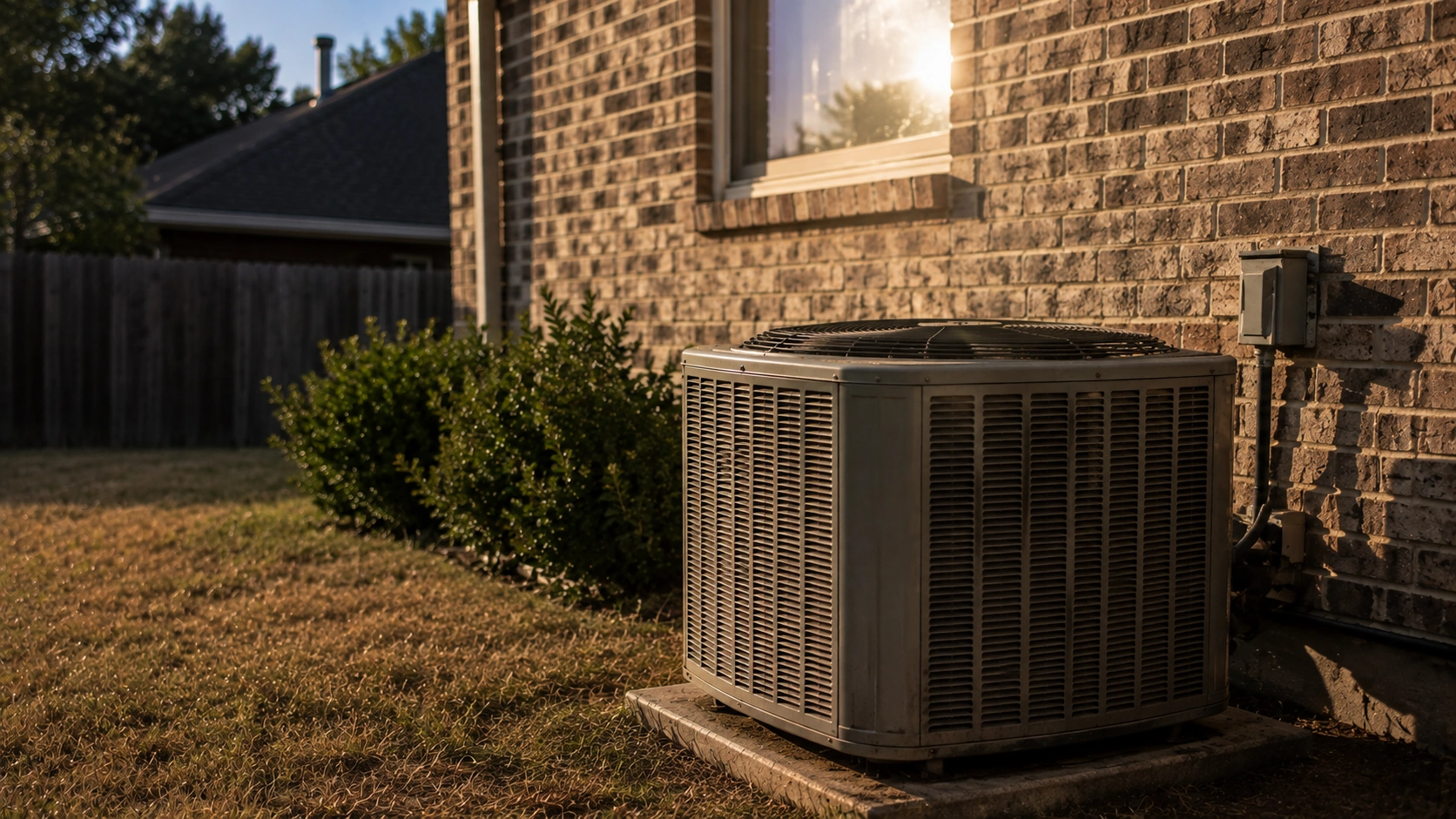 Outdoor air conditioning unit running beside a brick Tulsa home during peak summer heat