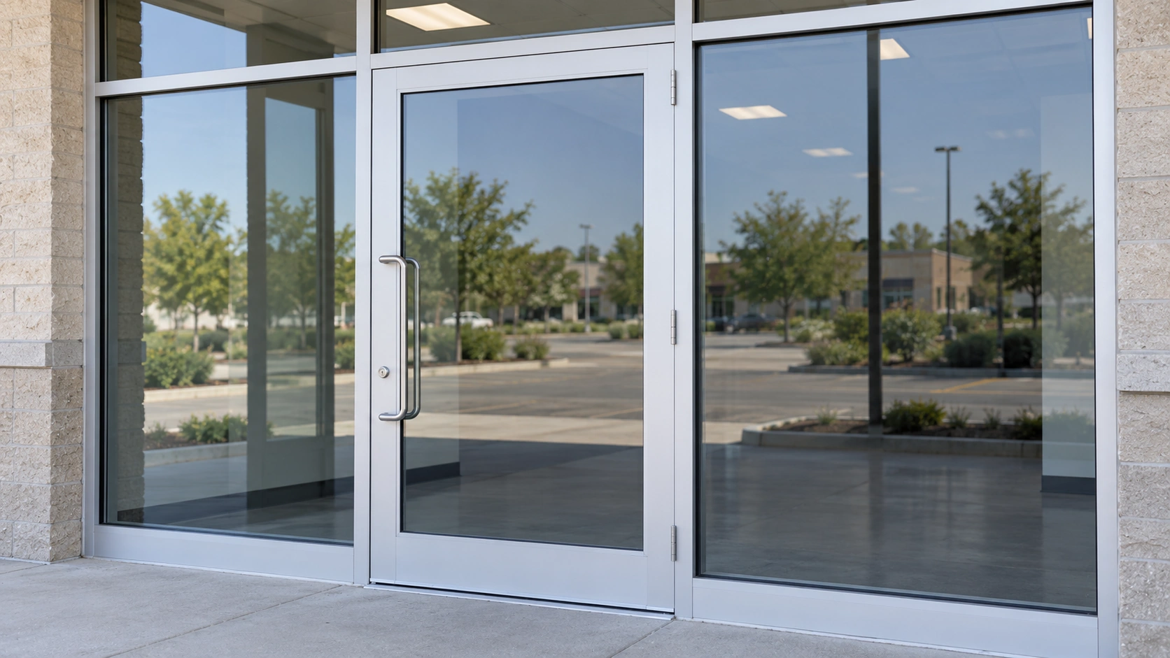 Aluminum storefront door system on a Tulsa business showing frame, glass, and pull hardware