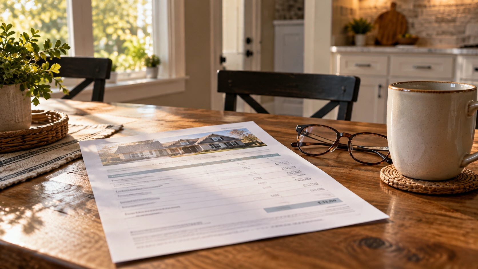 Homeowner reviewing a written window replacement quote at a kitchen table in Tulsa, Oklahoma
