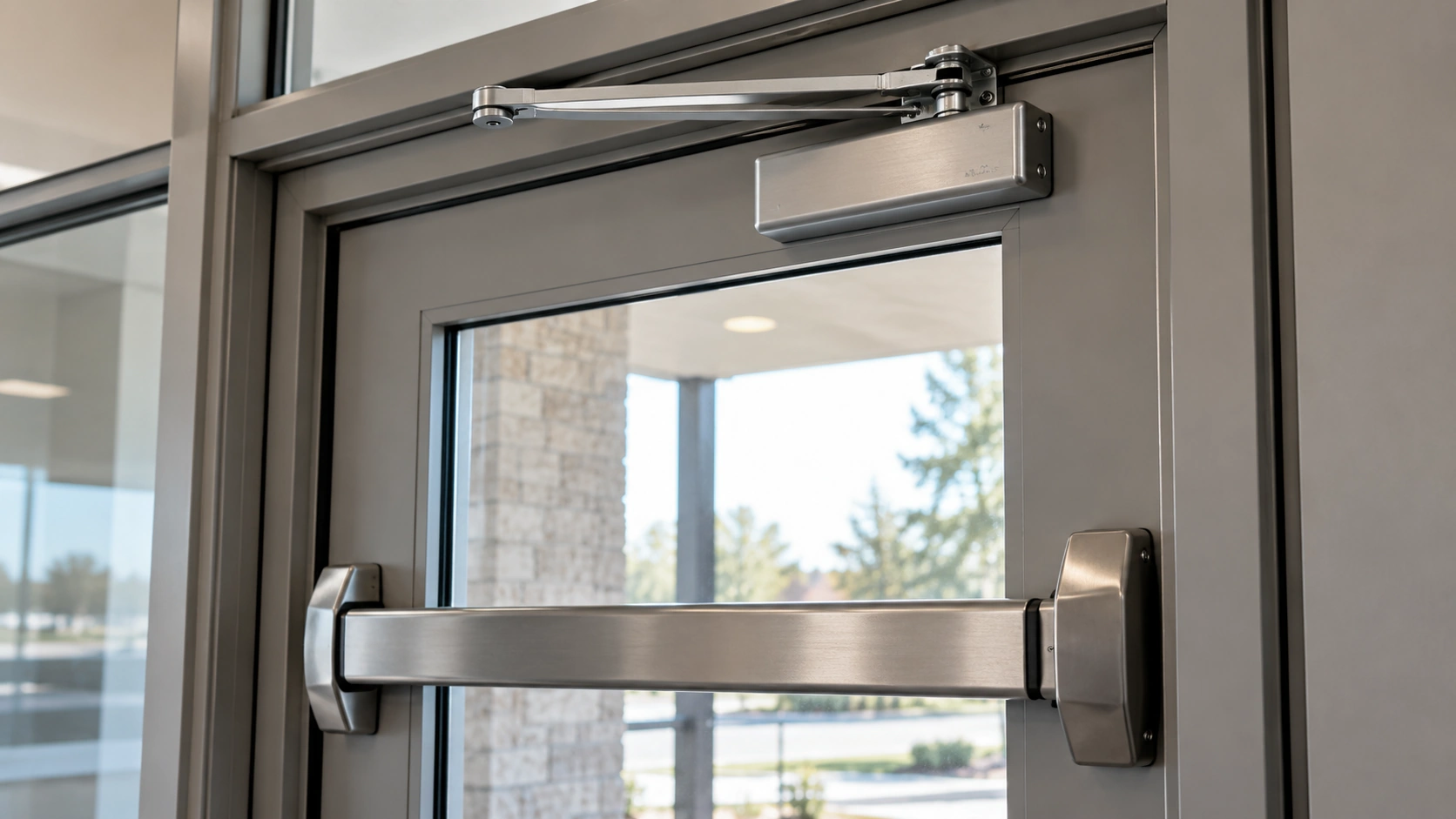 Commercial door closer and panic exit device hardware on a business entrance