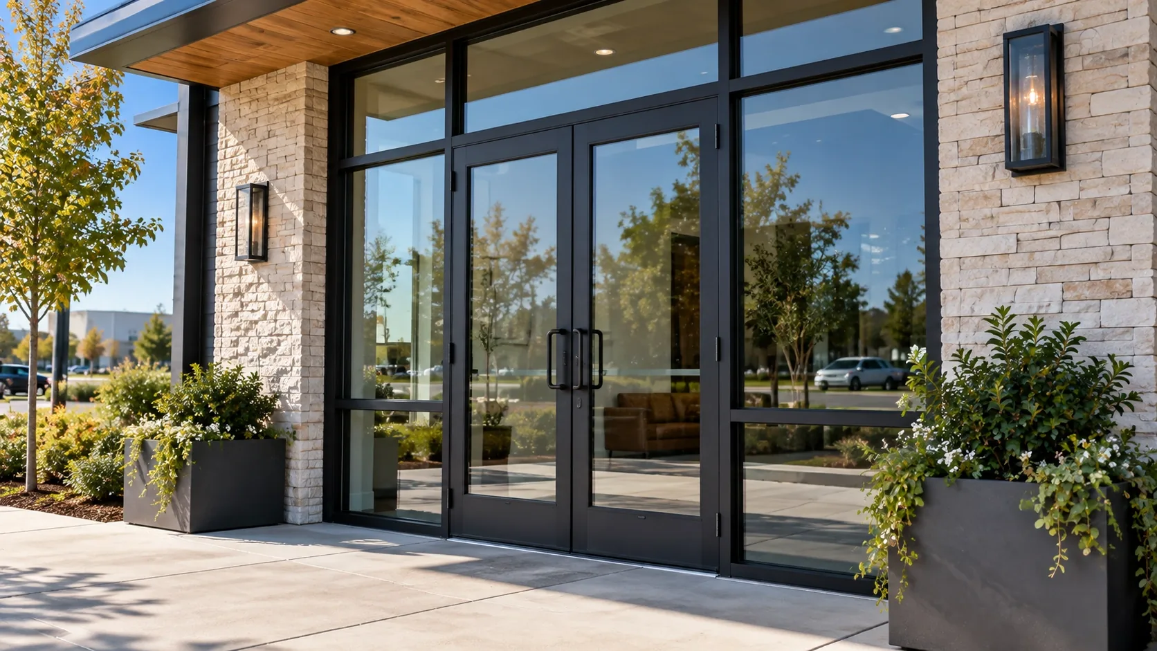 Aluminum storefront entrance doors on a commercial building in Tulsa, Oklahoma