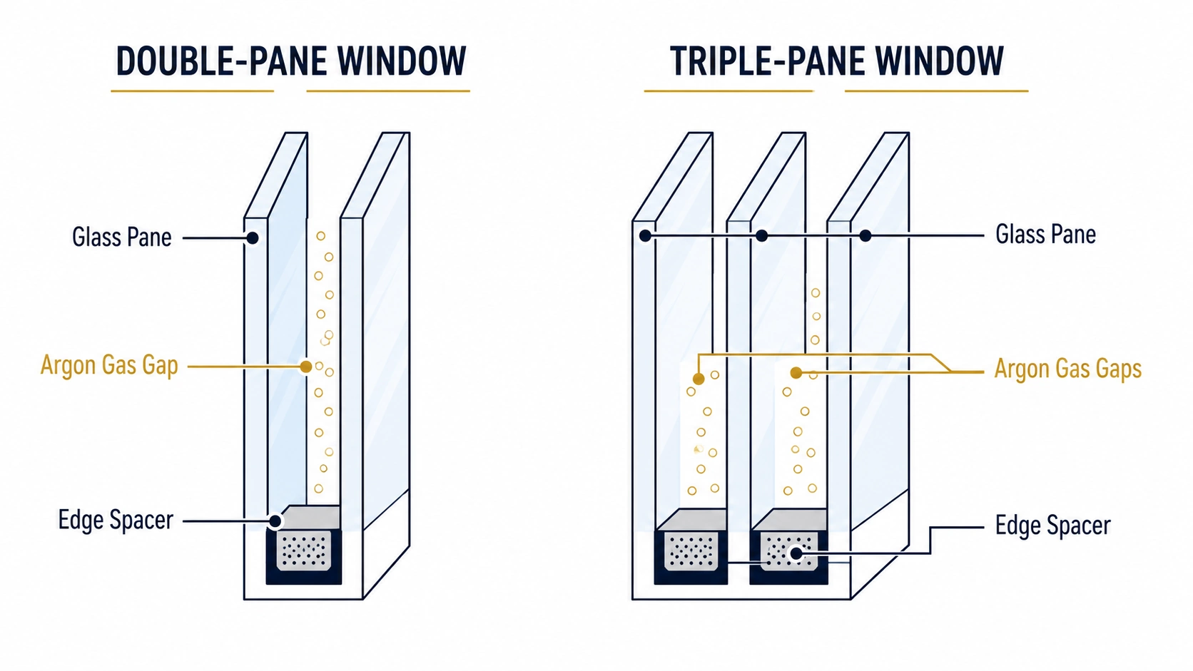 Diagram comparing double pane and triple pane window glass construction with argon gas gaps