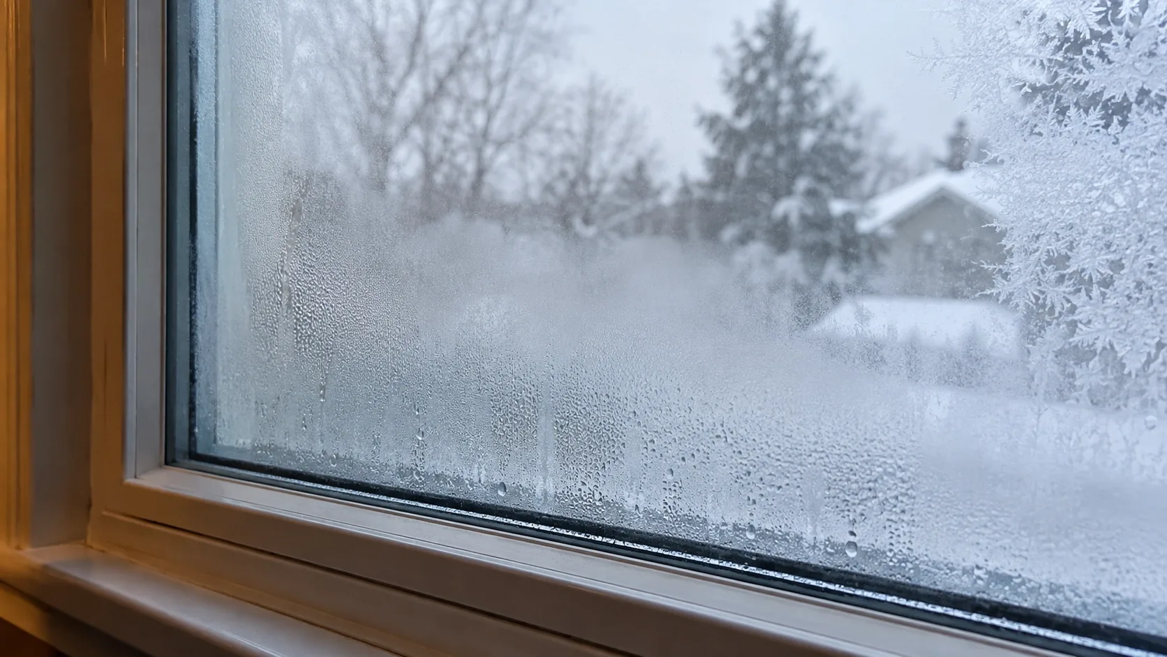 Double-pane window with fog trapped between the glass panes, a sign of a failed seal