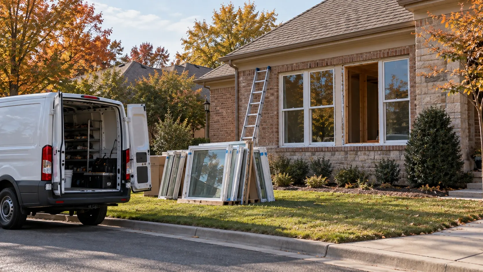 Window installation crew working on a home during mild fall weather in Oklahoma