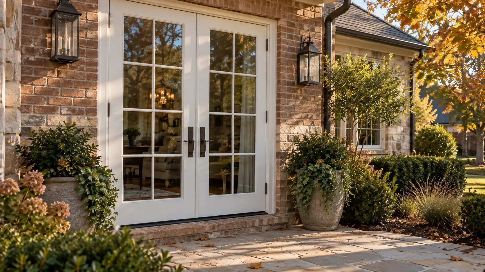 White French doors with divided glass installed on a traditional Tulsa, Oklahoma home
