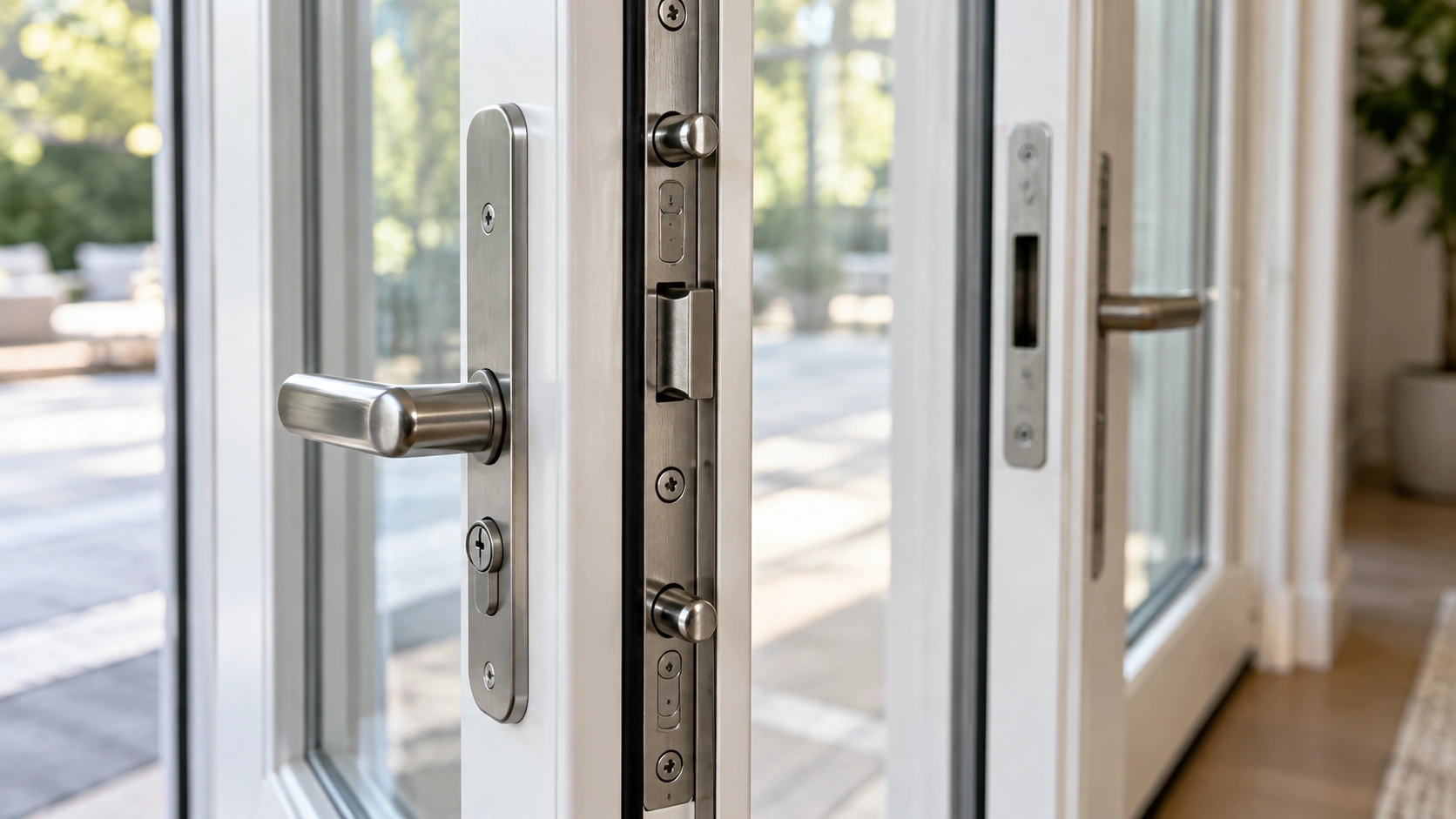 Multi-point locking hardware on a French door showing bolts engaging the head and sill