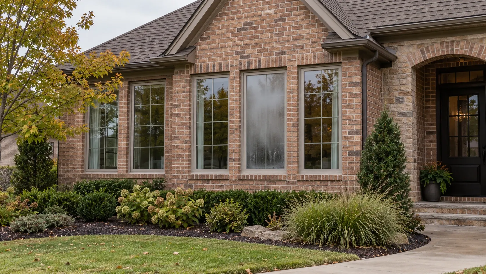 One foggy window among clear ones on a brick Tulsa home, a candidate for glass-only replacement