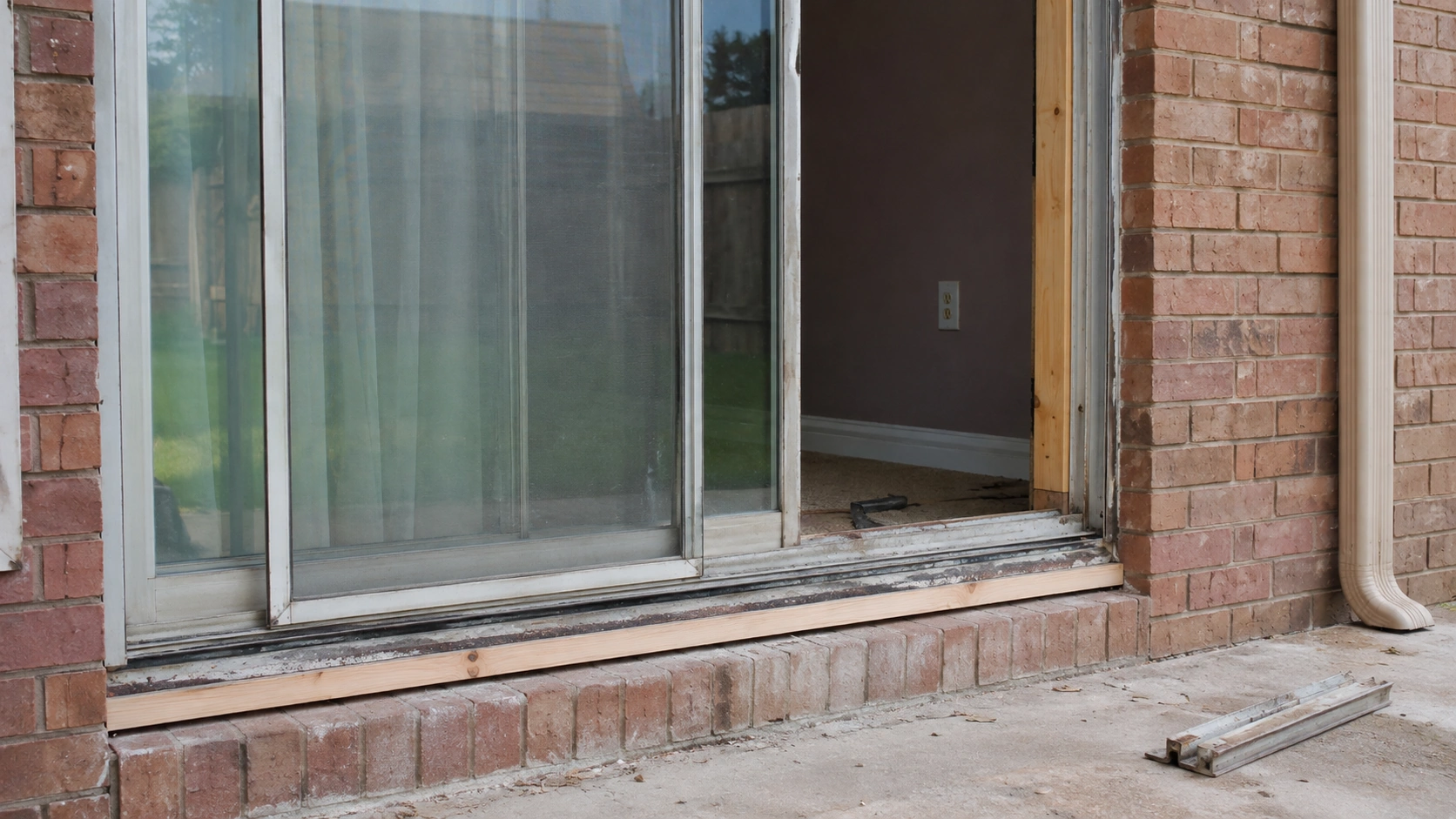 Contractor removing an old aluminum sliding patio door from a Tulsa home's back wall