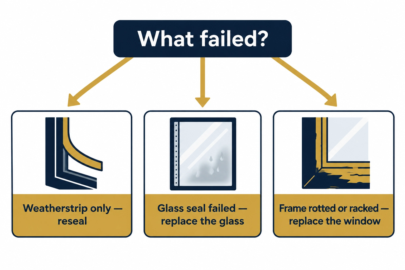 Simple decision diagram showing when to reseal, replace the glass only, or replace the whole window