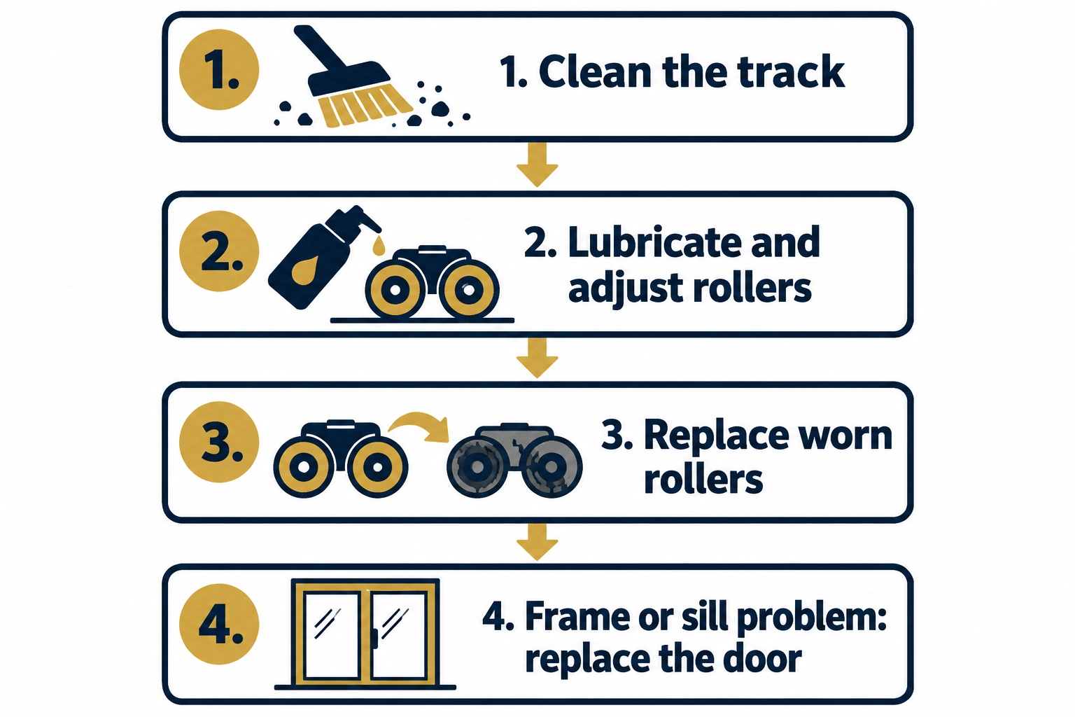 Four steps for a hard-to-open sliding door: clean track, adjust rollers, replace rollers, replace door if the frame fails