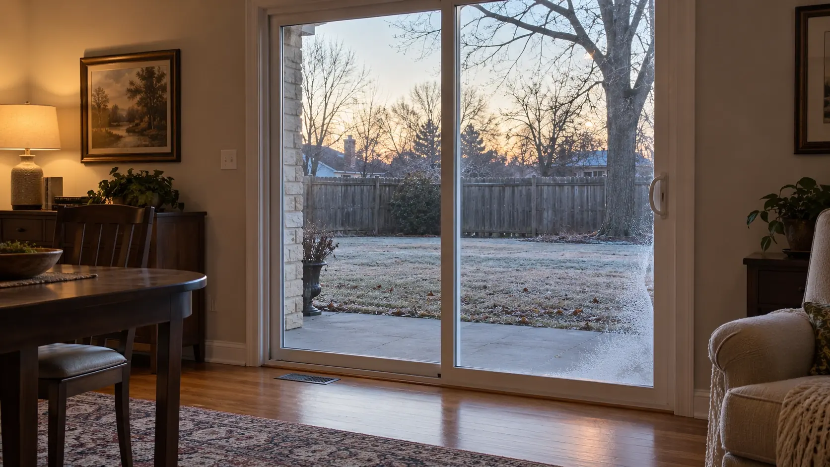 Sliding glass patio door in a Tulsa home on a frosty morning with light frost at the corner of the glass