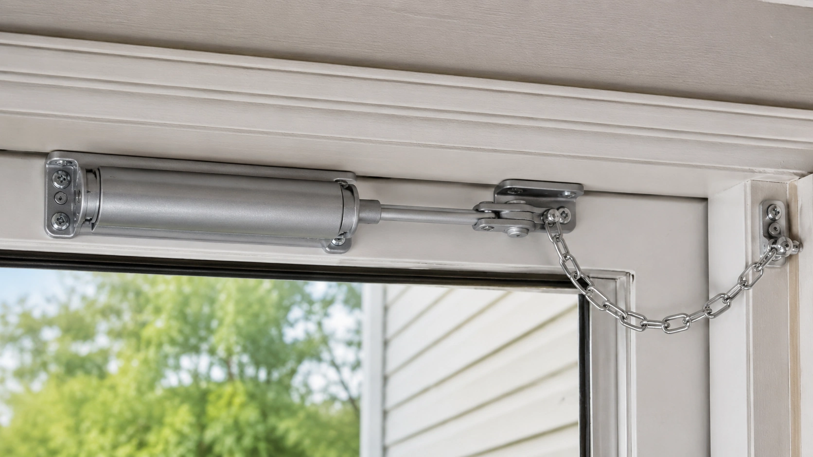 Heavy-duty storm door closer and wind chain installed on a Tulsa home's entry door