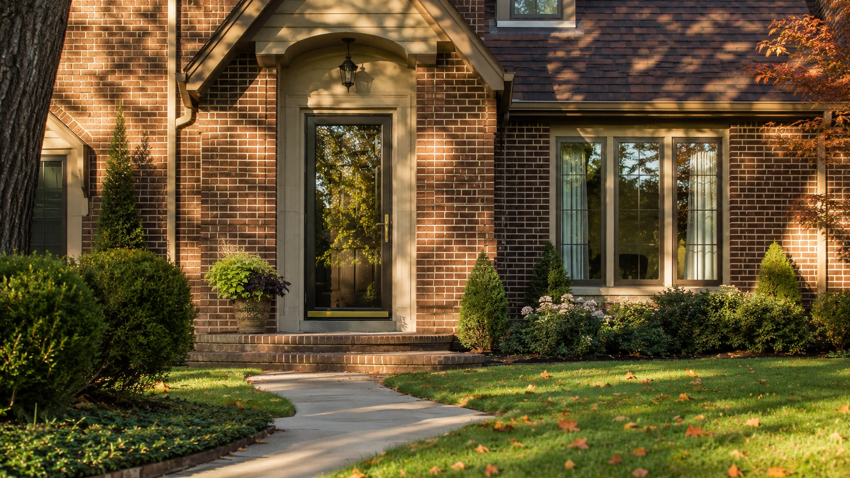 New glass storm door installed on the front entry of a Tulsa, Oklahoma home in early fall