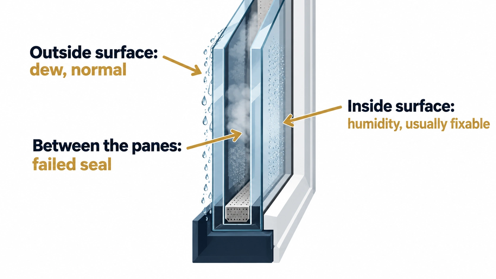 Double-pane window cross-section showing the outside surface, inside surface, and sealed space between the panes