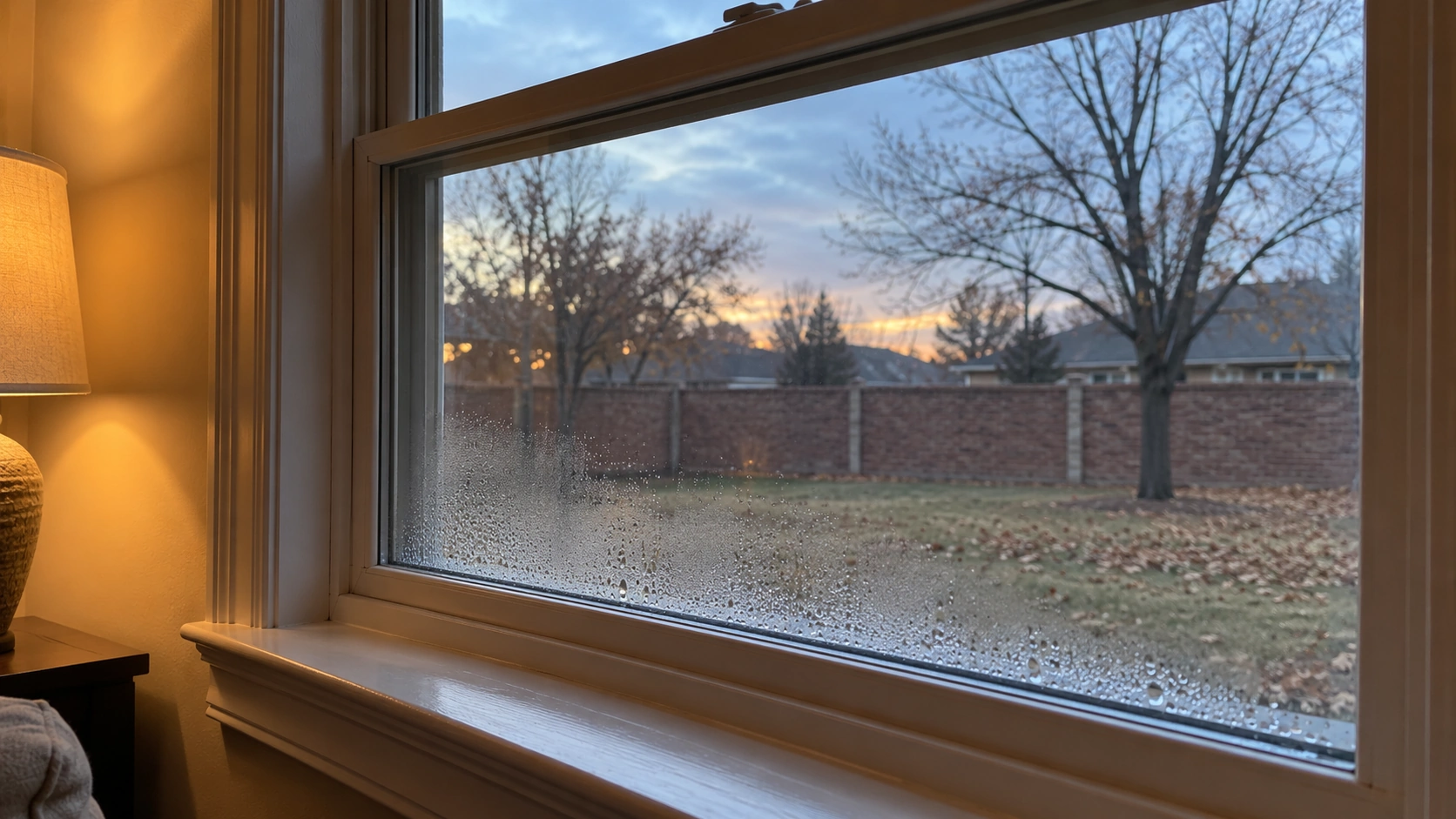 Tulsa home window with light condensation on the inside glass on a cold fall morning