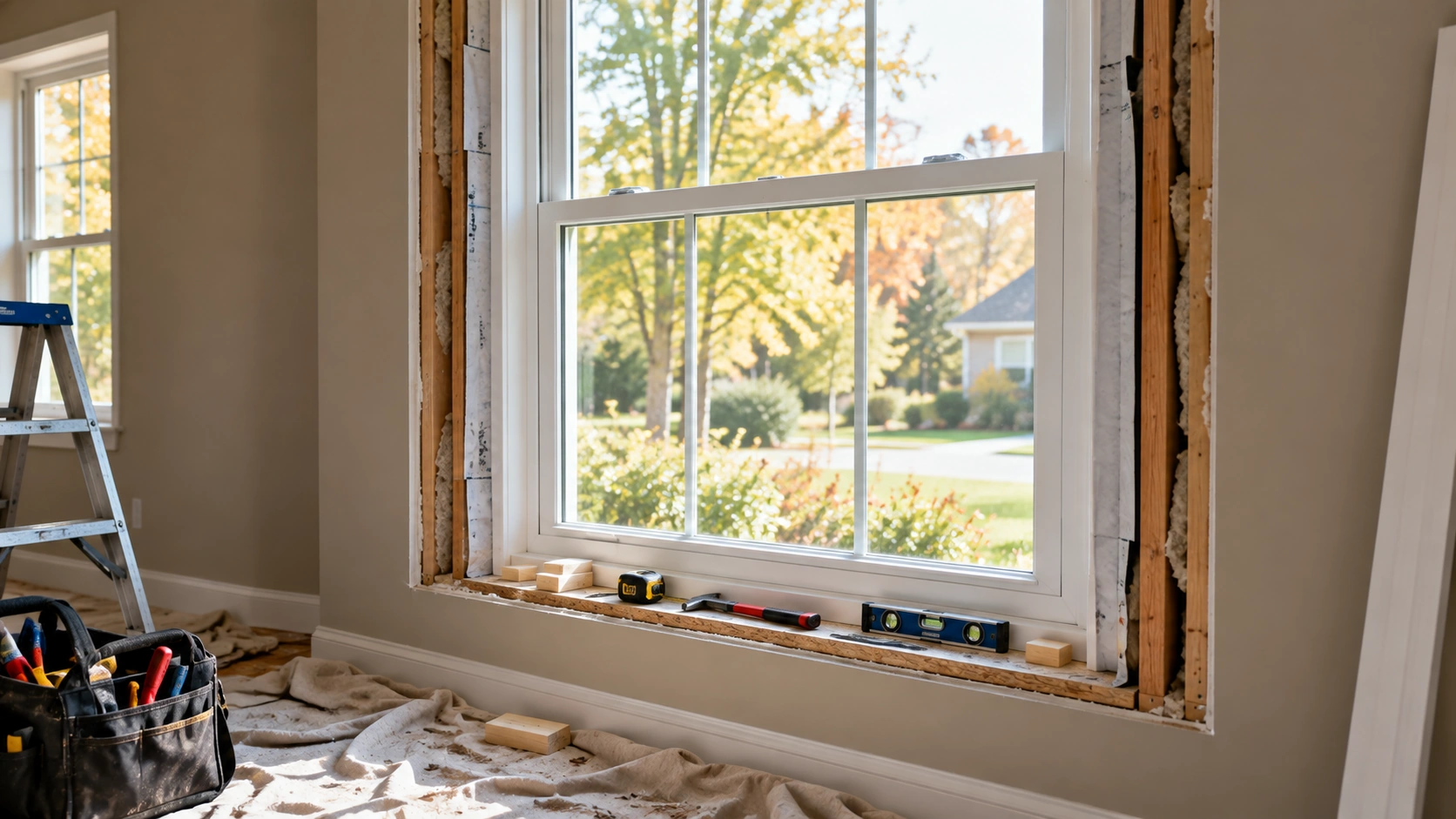 Installer fitting a new replacement window into an opening on a Tulsa, Oklahoma home