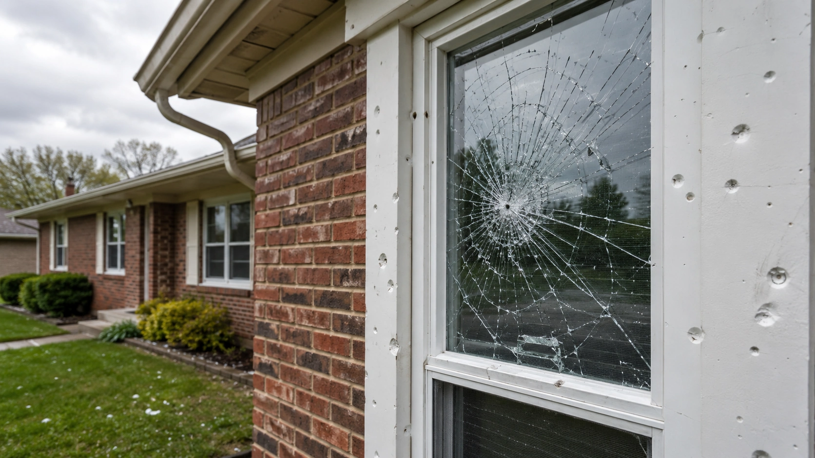Hail damage to windows on a Tulsa ranch home after a severe Oklahoma storm