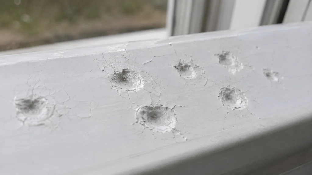 Close-up of hail impact marks on a vinyl window frame sill in Tulsa, Oklahoma