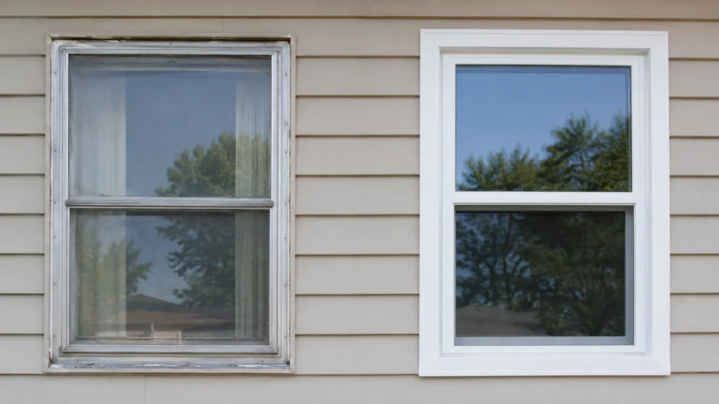 Old aluminum window compared to new energy efficient vinyl replacement window