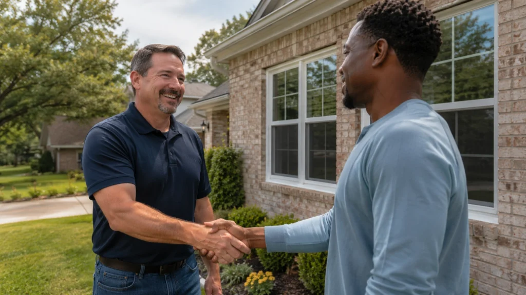 Local Tulsa window company contractor shaking hands with homeowner after completed window installation