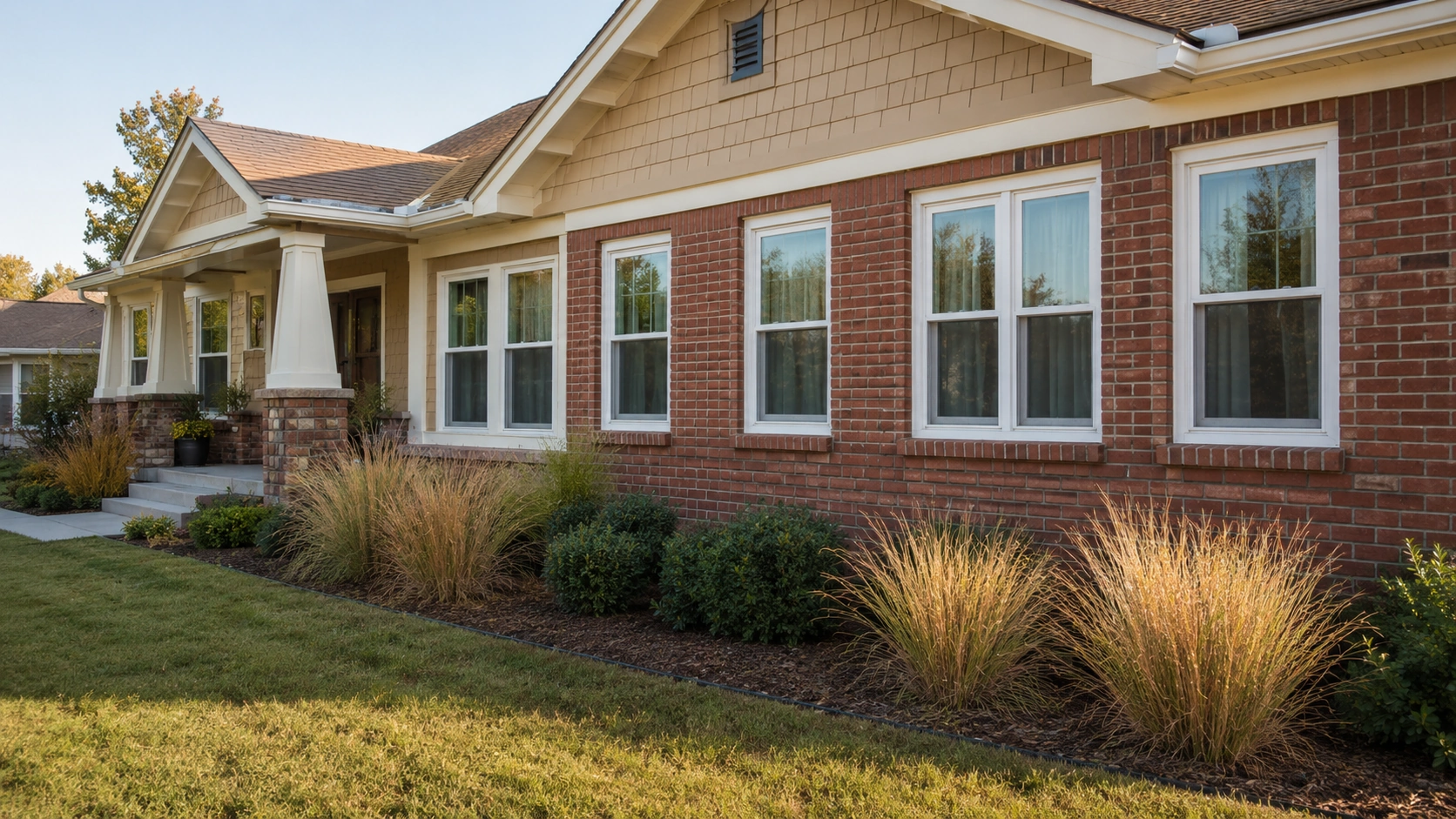 New vinyl double-hung windows installed on a Tulsa Oklahoma home exterior
