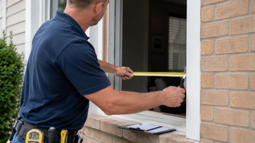 Morgan Windows installer measuring a window opening for a free replacement estimate in Tulsa Oklahoma